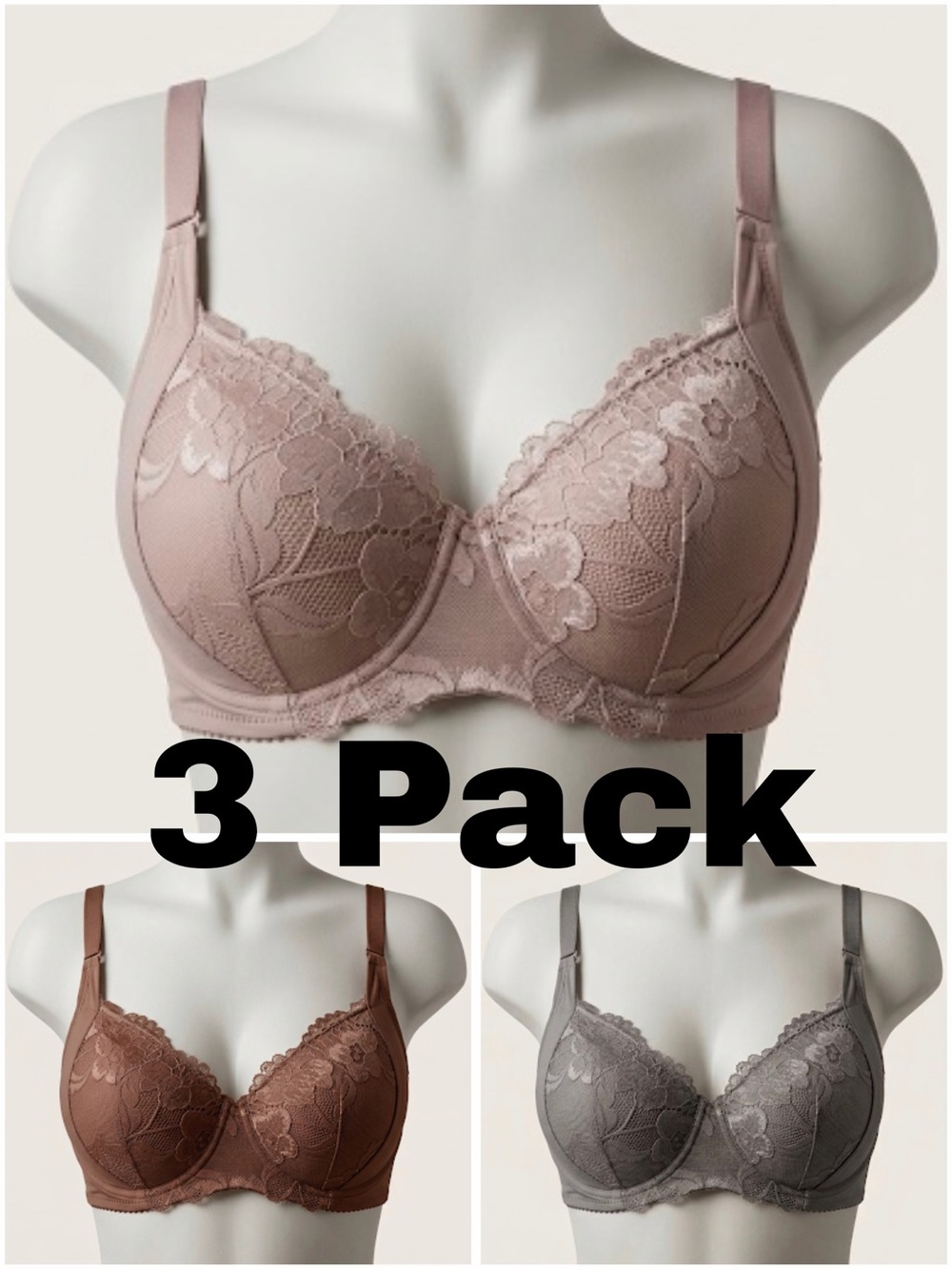 3-Pack Women's Lace Underwire Bra - Blush, Chocolate, Gray